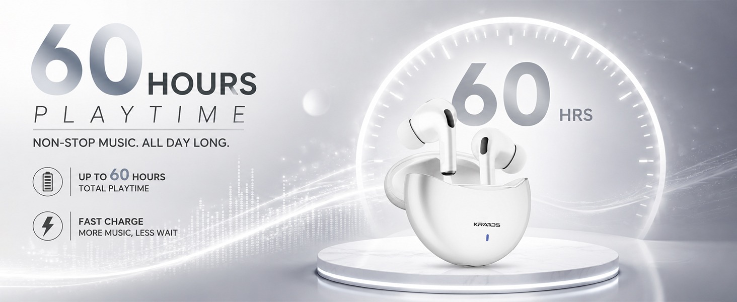 Kratos TW02 Ear Buds Wireless with 60H Playtime, Noise Isolation & Clear Calls, Bluetooth Earbuds with Voice Assistant, Ear Buds with Bluetooth V 5.3 & with Type C Fast Charging, IPX5 TWS Earphones