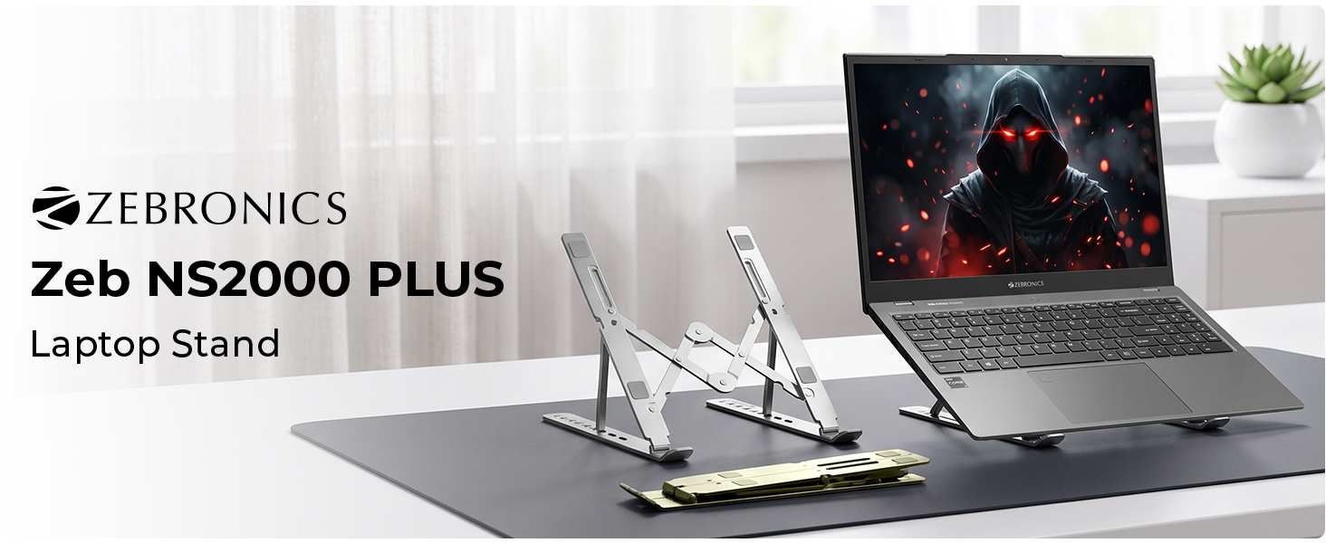 Zebronics NS2000 Plus Laptop Stand, Supports Up to 17-Inch Laptops, 5kg Load Capacity, 7-Level Adjustable Height, Ergonomic Foldable Design, Anti-Slip Silicone Pads (Silver)