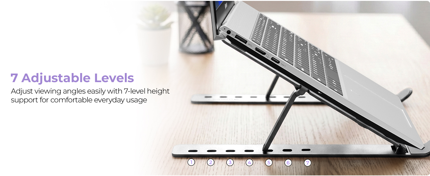 Zebronics NS2000 Plus Laptop Stand, Supports Up to 17-Inch Laptops, 5kg Load Capacity, 7-Level Adjustable Height, Ergonomic Foldable Design, Anti-Slip Silicone Pads (Silver)