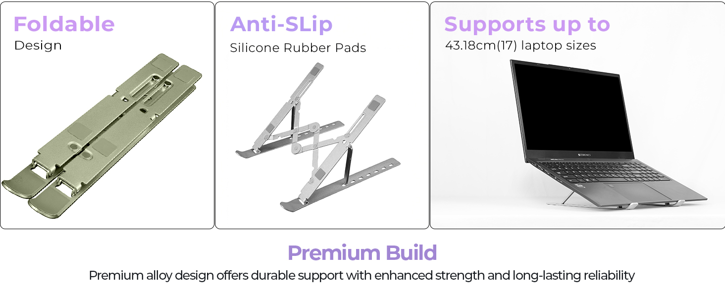 Zebronics NS2000 Plus Laptop Stand, Supports Up to 17-Inch Laptops, 5kg Load Capacity, 7-Level Adjustable Height, Ergonomic Foldable Design, Anti-Slip Silicone Pads (Silver)