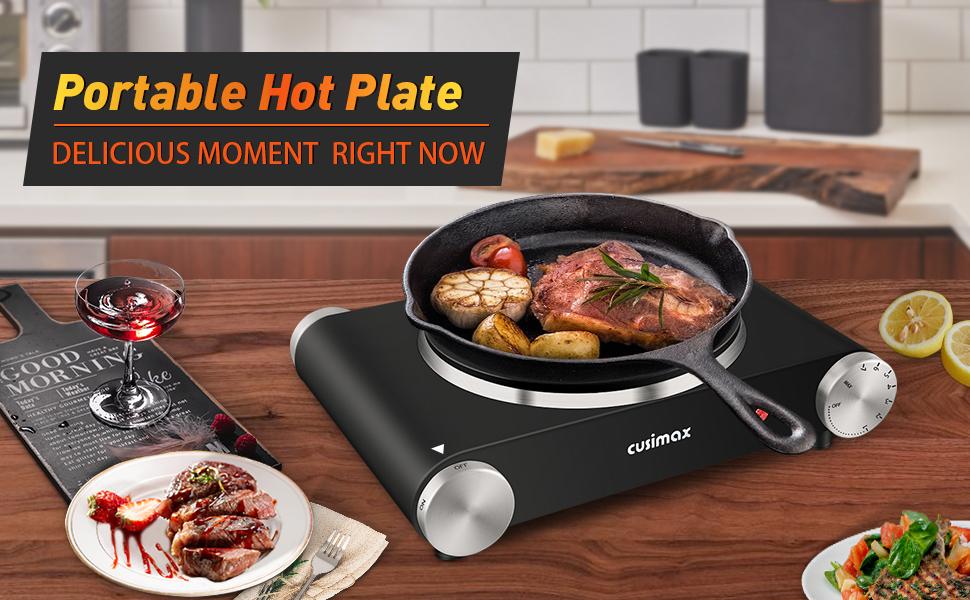 Cusimax Hot Plate Electric Burner Single Burner Cast Iron hot plates for cooking Portable Burner 1500W with Adjustable Temperature Control Stainless Steel Non-Slip Rubber Feet, Upgraded Version