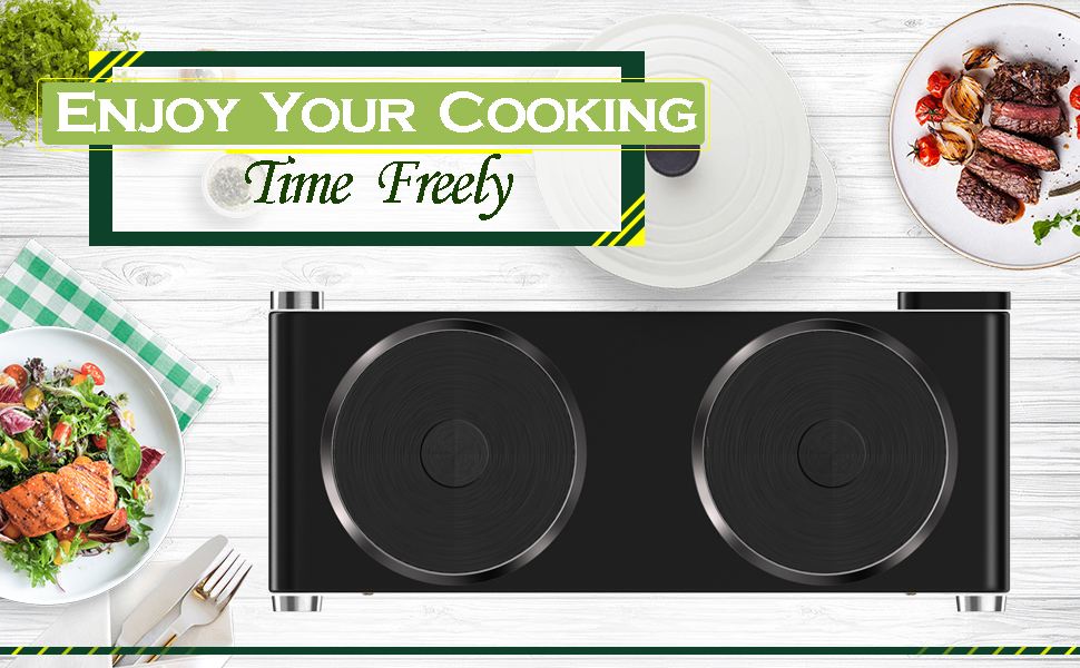 CUSIMAX 900W+900W Double Hot Plates, Cast Iron hot plates, Electric Cooktop, Hot Plates for Cooking Portable Electric Double Burner, Black Stainless Steel Countertop Burner
