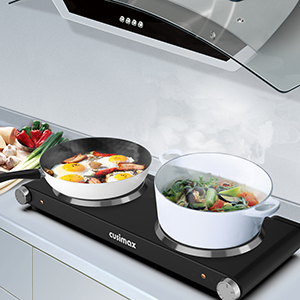 CUSIMAX 900W+900W Double Hot Plates, Cast Iron hot plates, Electric Cooktop, Hot Plates for Cooking Portable Electric Double Burner, Black Stainless Steel Countertop Burner