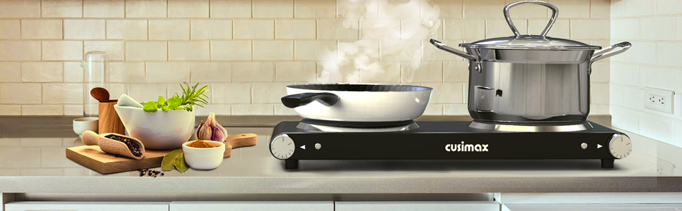 CUSIMAX 900W+900W Double Hot Plates, Cast Iron hot plates, Electric Cooktop, Hot Plates for Cooking Portable Electric Double Burner, Black Stainless Steel Countertop Burner