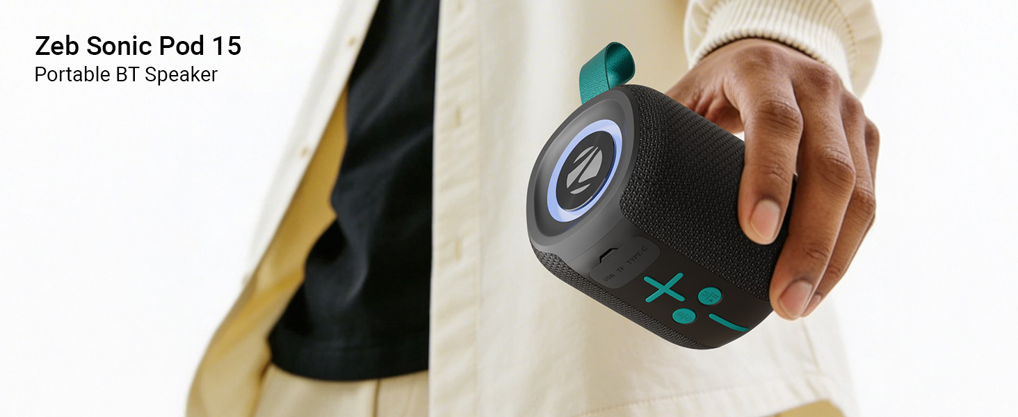 Zebronics 2026 Launch Portable Bluetooth Speaker, 5W RMS, Up to 10Hrs Playback, Passive Radiator, TWS, BT v5.4, USB & mSD, 9 RGB Modes, Splash Proof, Type-C Charging (Sonic POD 15)