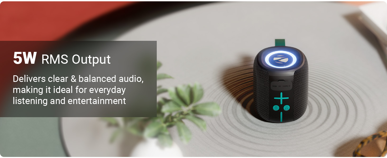 Zebronics 2026 Launch Portable Bluetooth Speaker, 5W RMS, Up to 10Hrs Playback, Passive Radiator, TWS, BT v5.4, USB & mSD, 9 RGB Modes, Splash Proof, Type-C Charging (Sonic POD 15)