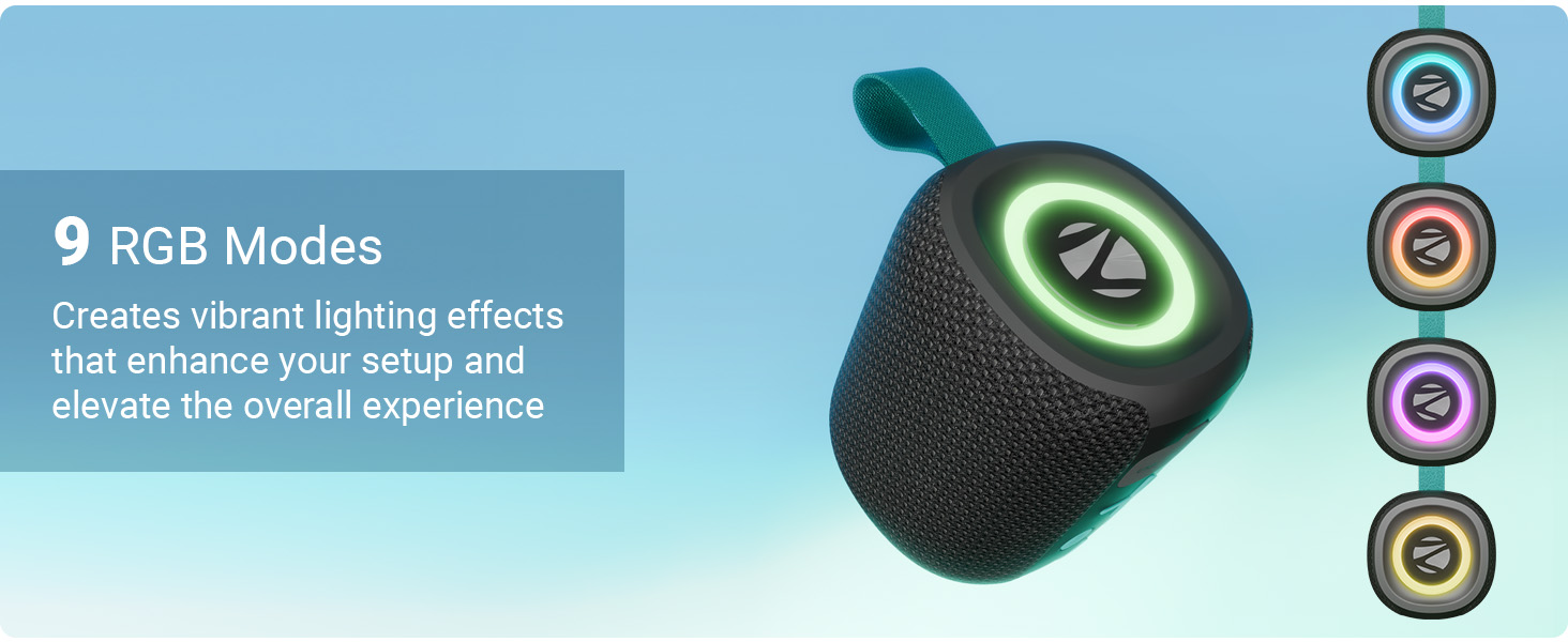 Zebronics 2026 Launch Portable Bluetooth Speaker, 5W RMS, Up to 10Hrs Playback, Passive Radiator, TWS, BT v5.4, USB & mSD, 9 RGB Modes, Splash Proof, Type-C Charging (Sonic POD 15)