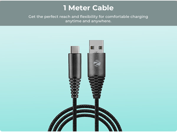 Zebronics Type-C Fast Charging Cable, Upto 480 Mbps, 36W Rapid Charge, 3A Output, Charge & Sync Data Cable, 1 Meter Length, Tangle-Free Durable Design (CU300T)