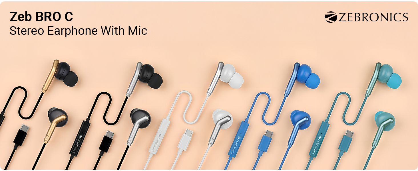 Zebronics Type-C Wired Earphones, in-Line MIC, Deep Bass, 1.2m Cable, 10mm Neodymium Driver, Light Weight, in-Ear Design, Compatible with Mobile, Tablet, Laptop (Bro C, White)