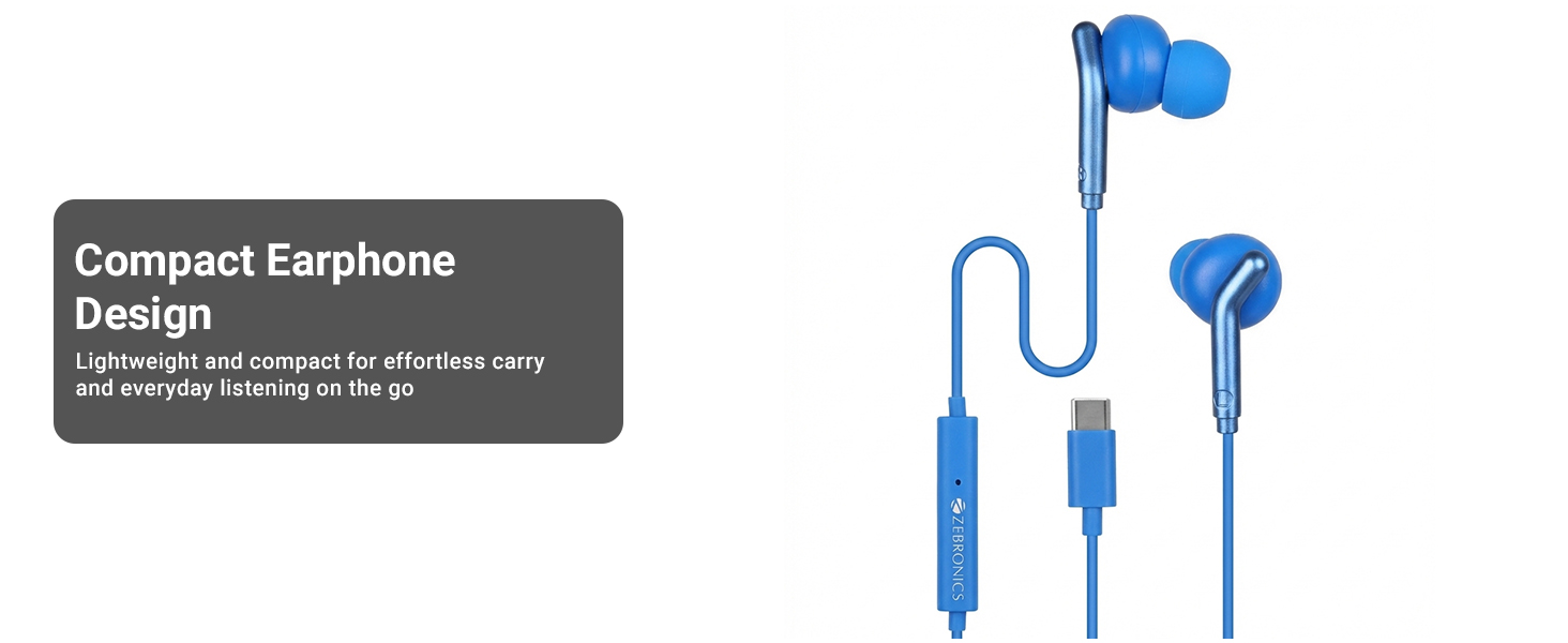 Zebronics Type-C Wired Earphones, in-Line MIC, Deep Bass, 1.2m Cable, 10mm Neodymium Driver, Light Weight, in-Ear Design, Compatible with Mobile, Tablet, Laptop (Bro C, White)