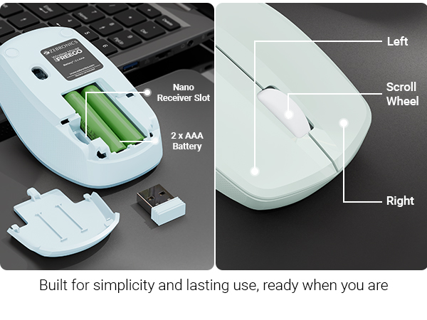 Zebronics Wireless Mouse, 2.4GHz, 3200 DPI, 3 Buttons, Comfortable & Ergonomic, USB Nano Receiver, On/Off Switch, Power-Saving Mode, Works on Most Surfaces, for Mac | Laptop | Computer (Freego, Blue)