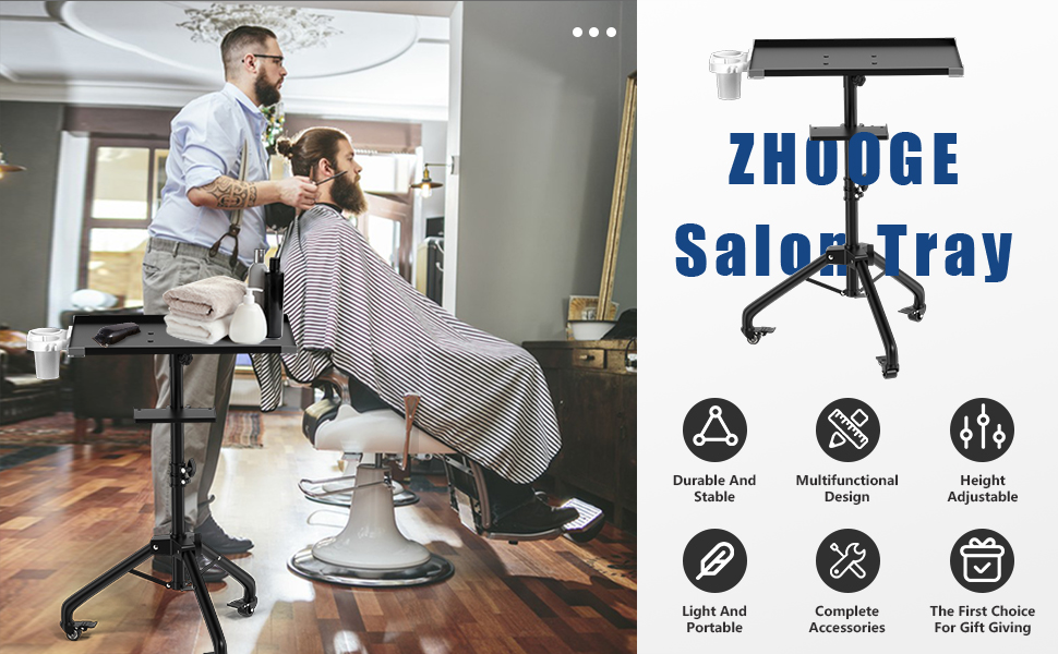 ZHOOGE Salon Tray Cart on Wheels with Stand Rack Tray, Premium Iron Alloy Tattoo Tray Height Adjustable Salon Service Tray with 360 Degree Mute Universal Tricycle for Tattoo Work, SPA and Dental Tray