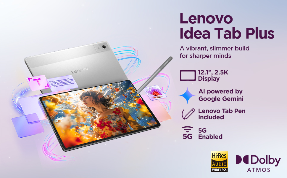 Lenovo Idea Tab Plus with Pen |Wifi + 5G|12.1" 2.5K Display, 800nits Peak Brightness|12GB RAM + 256GB ROM (Expandable upto 2TB)|MediaTek Dimensity 6400| 10200mAh|4 Speakers with Dolby Atmos| Luna Grey