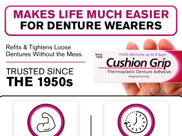 Cushion Grip Thermoplastic Denture Adhesive – Refits & Tightens Dentures, Works Like a Denture Reliner for a Secure, Comfortable Fit, Holds Up to 4 Days, Glue-Free, Waterproof & Zinc-Free - 1 oz