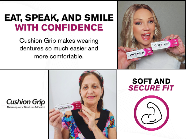 Cushion Grip Thermoplastic Denture Adhesive – Refits & Tightens Dentures, Works Like a Denture Reliner for a Secure, Comfortable Fit, Holds Up to 4 Days, Glue-Free, Waterproof & Zinc-Free - 1 oz