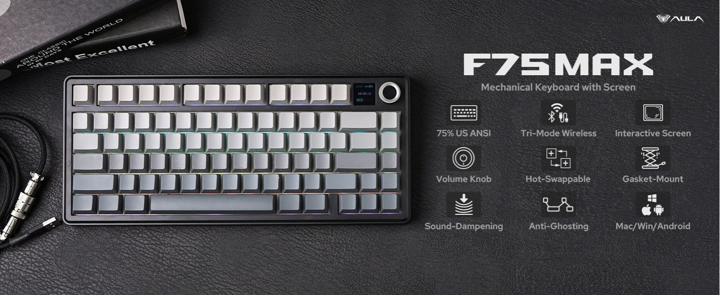 Aula F75 MAX Side-Engraved Keycaps 3 in 1 Mechanical Gaming Keyboard in 75% Layout with TFT Screen and Knob, Hot Swappable, RGB Backlight, for PC/Mac/Linux | Gradient Gray, Reaper Switch (F75MaxGrR)