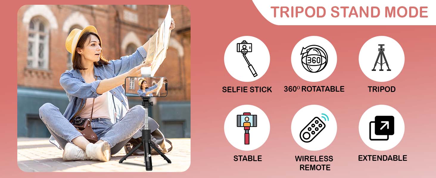 Kratos 28 Inch Selfie Stick Tripod Stand with Light, 3-in-1 Multifunctional Design, Rechargeable LED Light with Two Brightness Levels with Bluetooth Remote for Makeup, Selfie & Photoshoot