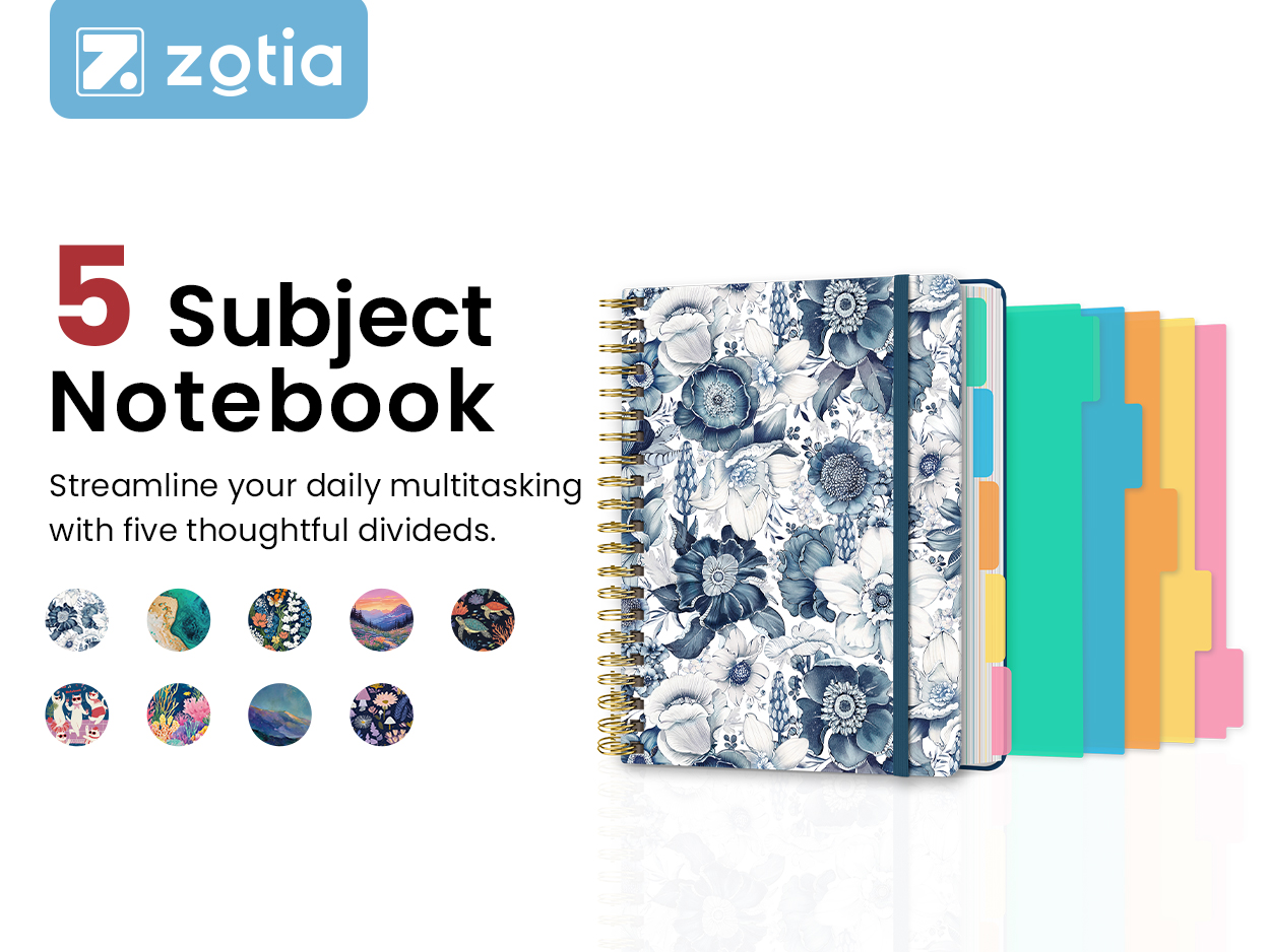 ZOTIA Large Spiral Notebooks for Work 5 Subject with Removable Dividers