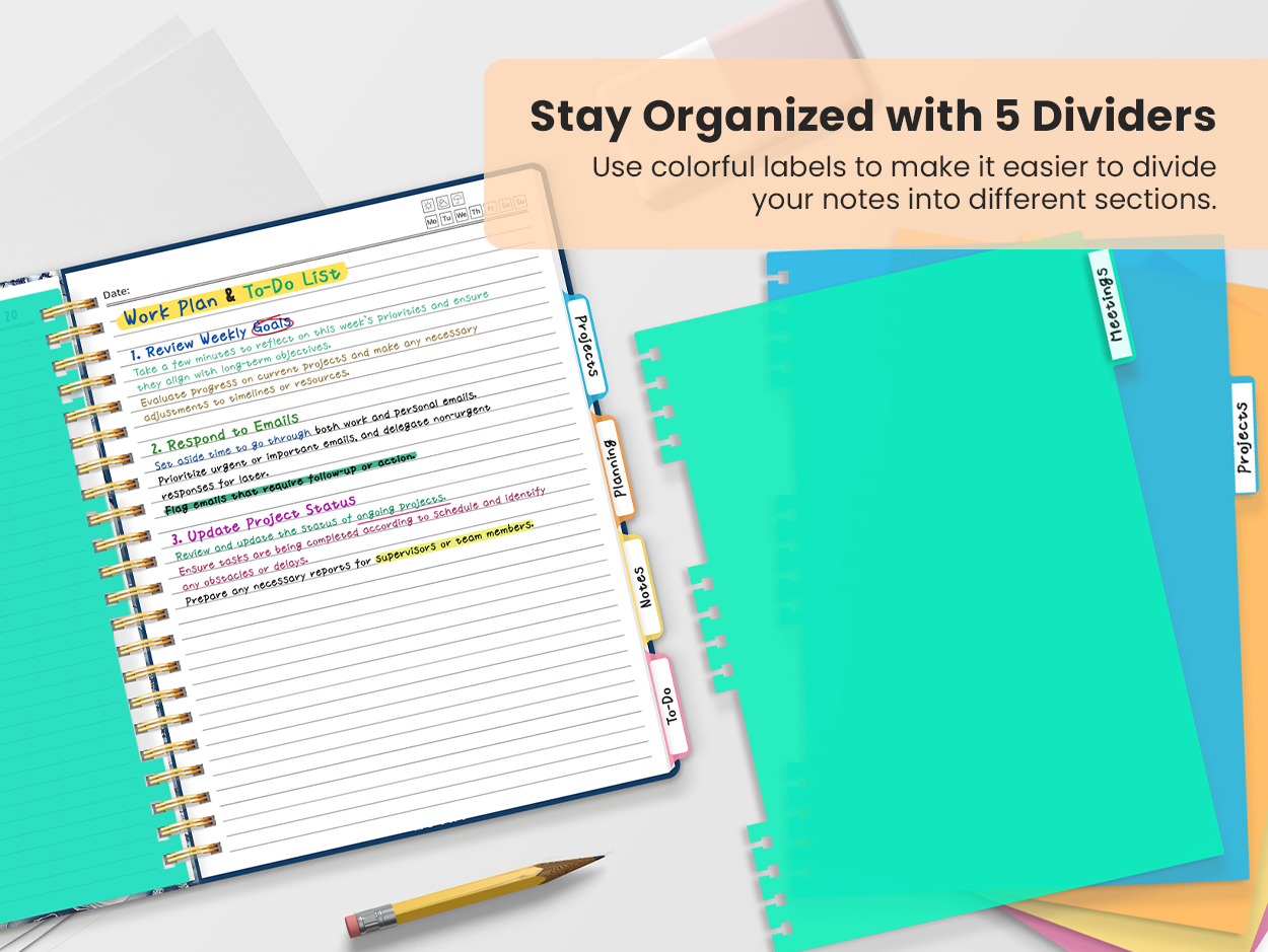 ZOTIA Large Spiral Notebooks for Work 5 Subject with Removable Dividers