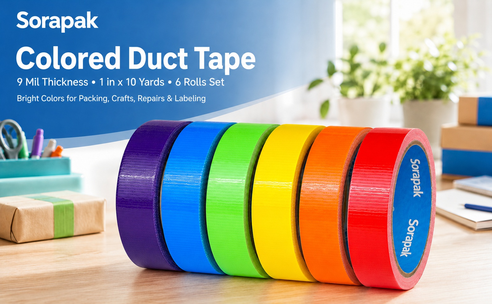 Colored Duct Tape 6 Rolls, 1 in x 10 yd, Rainbow Tape for DIY Crafts
