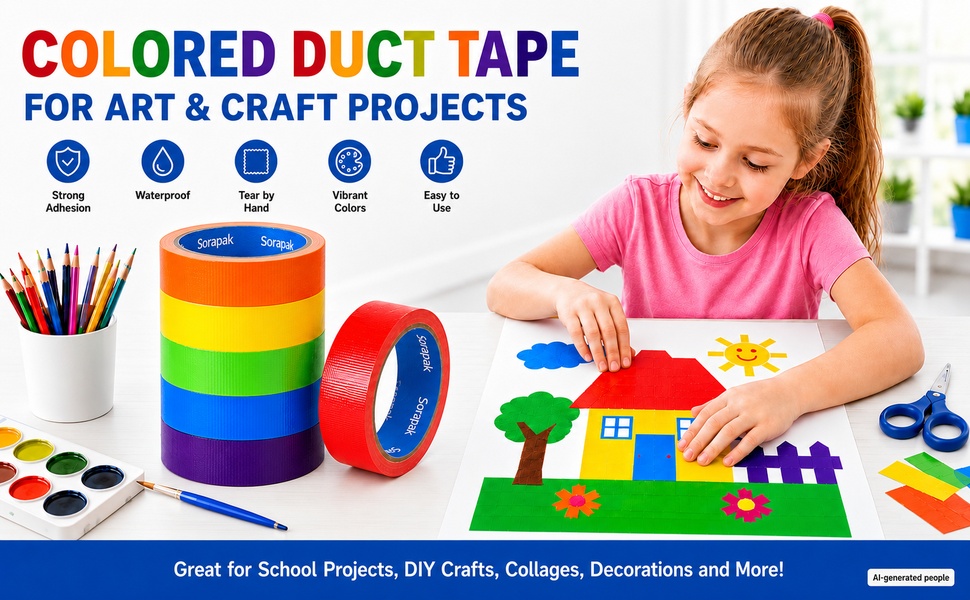 Colored Duct Tape 6 Rolls, 1 in x 10 yd, Rainbow Tape for DIY Crafts
