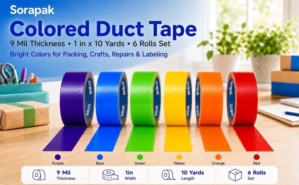 Colored Duct Tape 6 Rolls, 1 in x 10 yd, Rainbow Tape for DIY Crafts