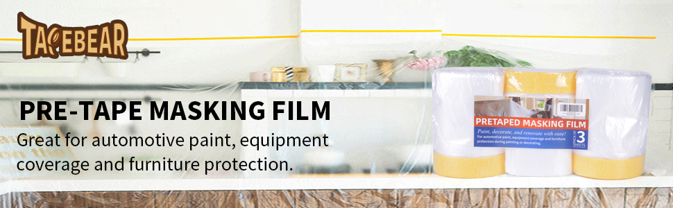 TAPEBEAR Pre-Taped Masking Film Tape and Drape 22" x 30Yards 3Rolls