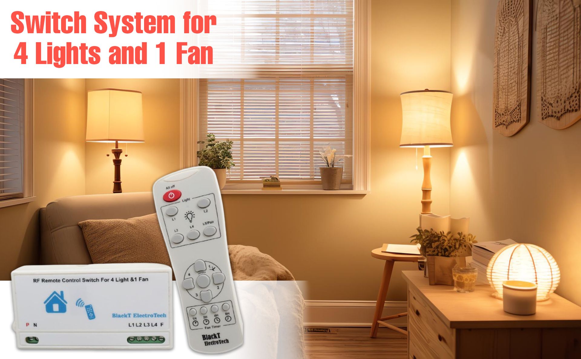 Blackt Electrotech Update Wireless Remote Control Switch for 4 Lights and 1 Fan Speed Regulation Long Range (RF Remote)