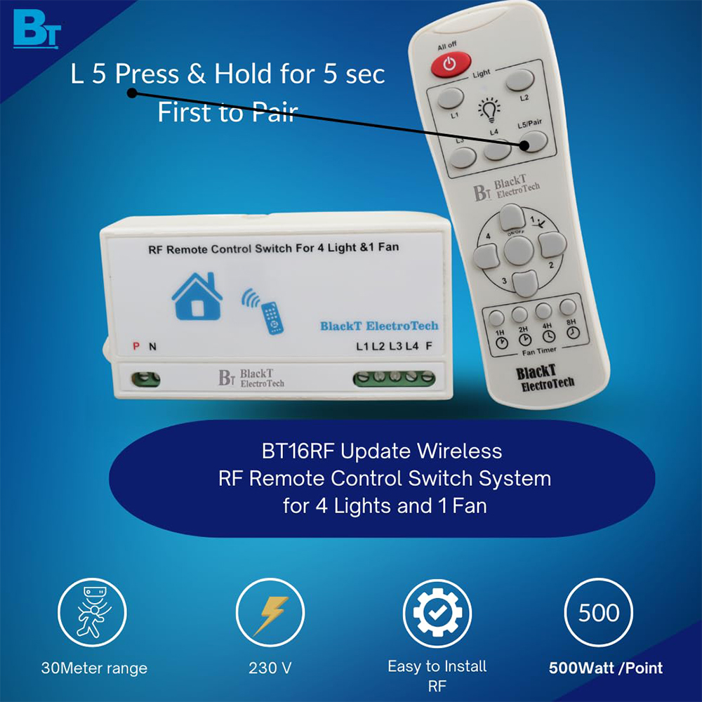 Blackt Electrotech Update Wireless Remote Control Switch for 4 Lights and 1 Fan Speed Regulation Long Range (RF Remote)