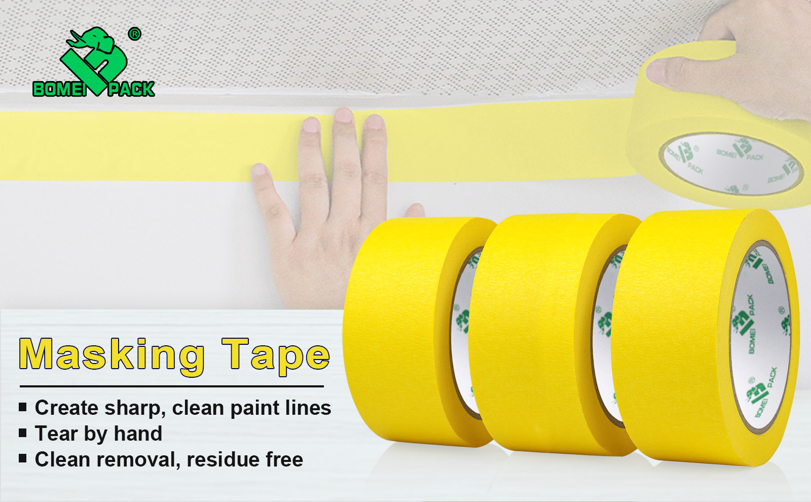 BOMEI PACK 3 Pack Yellow Painters Tape, 2 inch x 30yds, Premium Painting Masking Tape, Clean Release Paper Tape for Home and Office