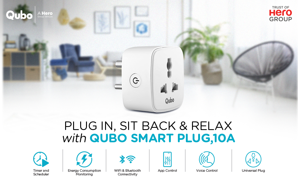 Qubo 10A Wi-Fi + Bluetooth Smart Plug | Energy Monitoring | Ideal for Small Devices Like TVs, Air Purifiers, Mobile & Laptop Chargers | Voice Control with Alexa & Assistant | From Hero Group