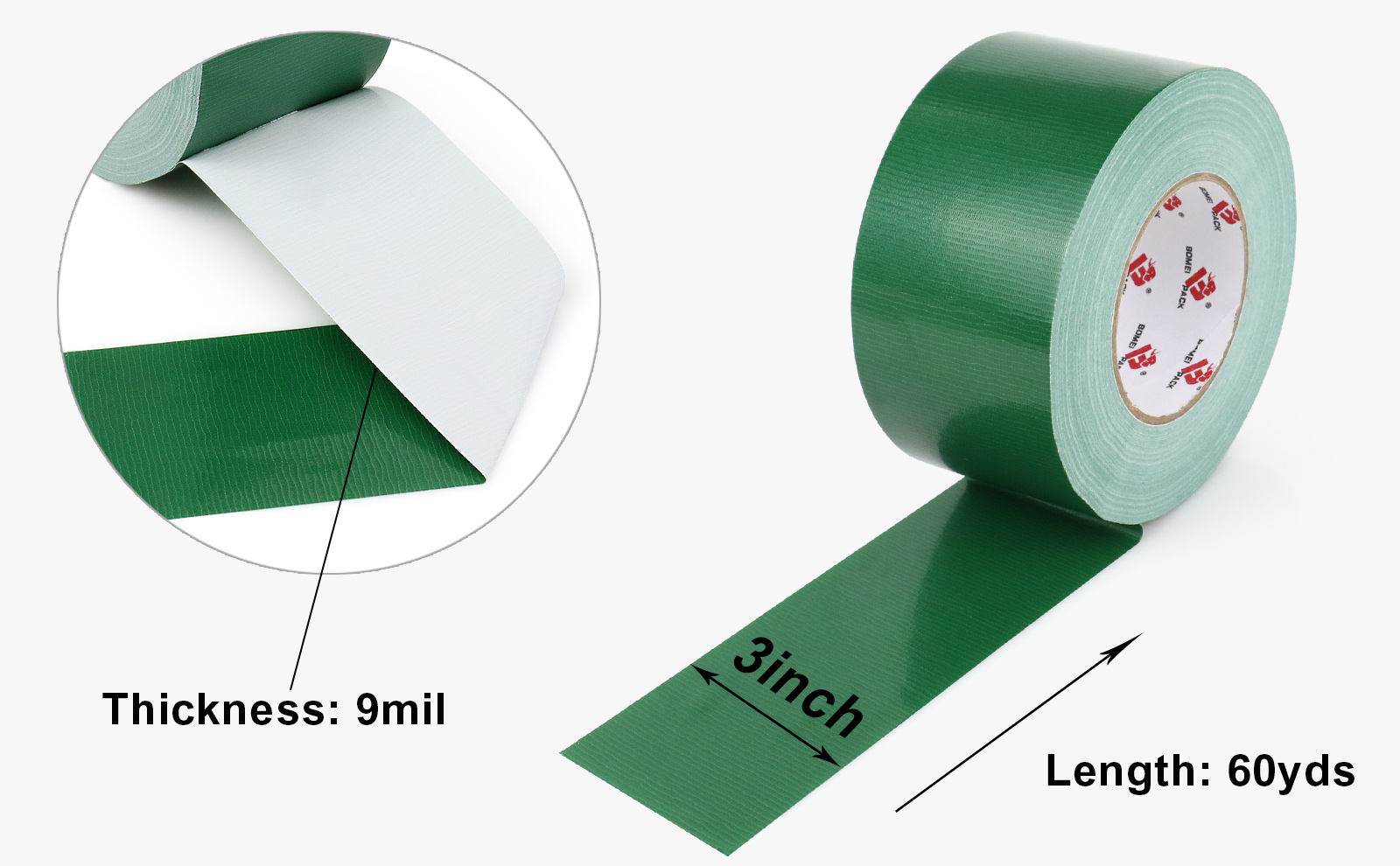 BOMEI PACK 3 Inch Green Duct Tape Waterproof,Heavy Duty,3 Inch x 60 Yards,9 Mil Industrial Grade Green Duct,No Residue,Strong,Flexible and All Weather,Professional for Indoor & Outdoor Use
