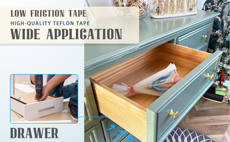 MEBMIK 1 Roll 1 Inch x 33 Feet Low Friction Drawer Slide Tape - Surface Protection for Drawer, Cabinet, Curtain, Furniture - White