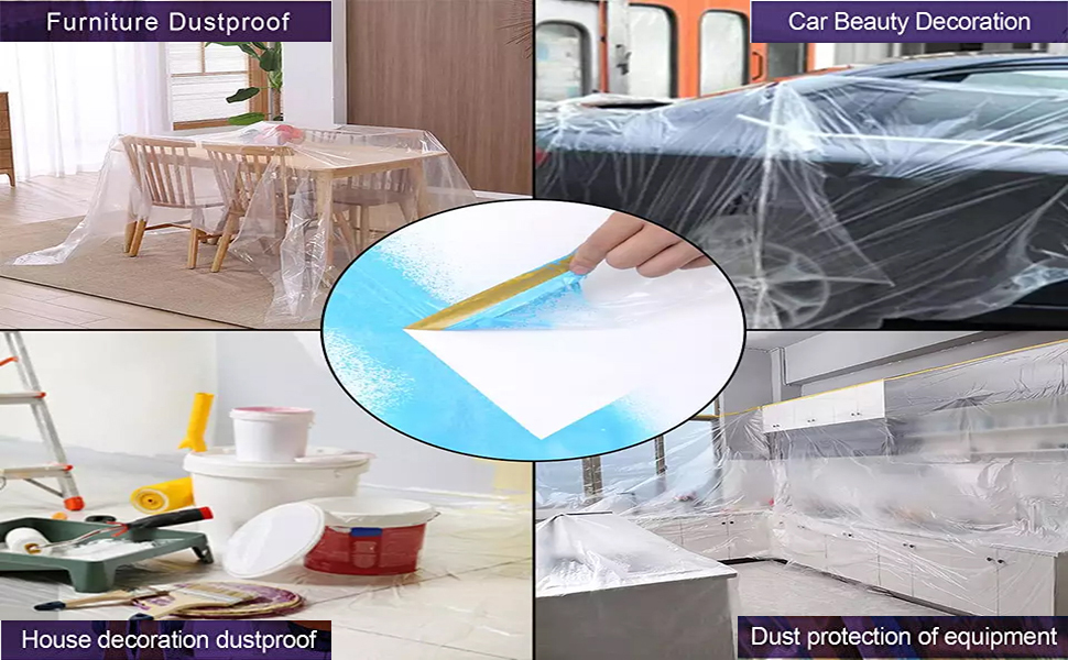 Painters Plastic With Tape, Pre-Taped Masking Film, 4 Rolls Automotive Best Tape and Drape, Paint Adhesive Protective Film Roll for Covering Skirting, Frames, Cars and Auto Body (5 X 65-Feet)