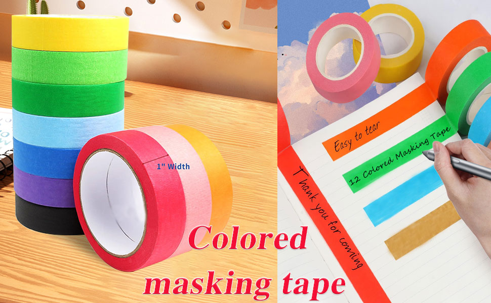 10 PCS Colored Masking Tape, 1 Inch x 13 Yards x 10 Rolls, 390 Feet Total.