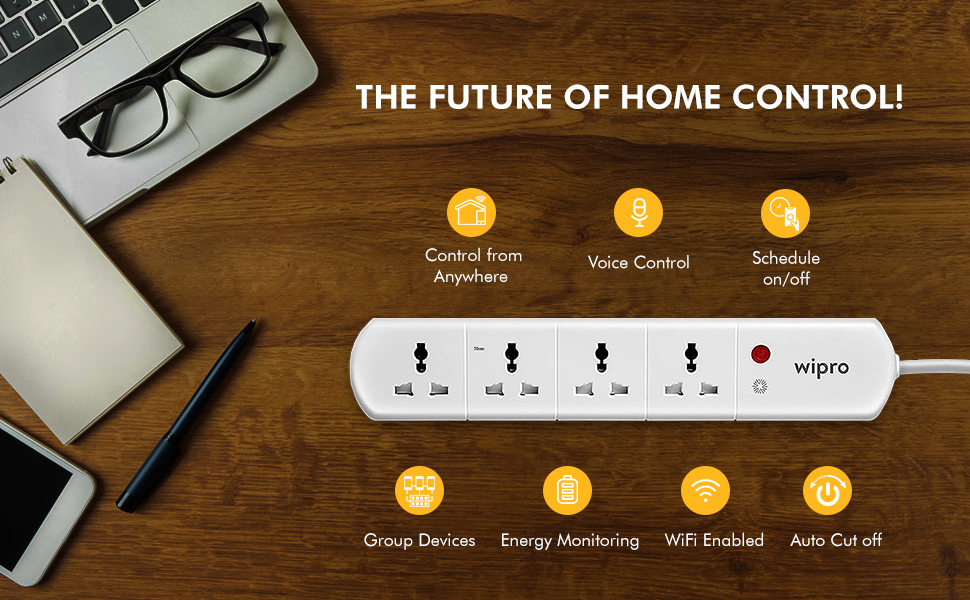 Wipro Smart Wi-Fi USB Extension Board with 3 Universal Socket & 3 USB| Voice control with Alexa and Asst| Energy Monitoring Feature for Connected Device | Schedule ON/OFF (Pack of 1, White)