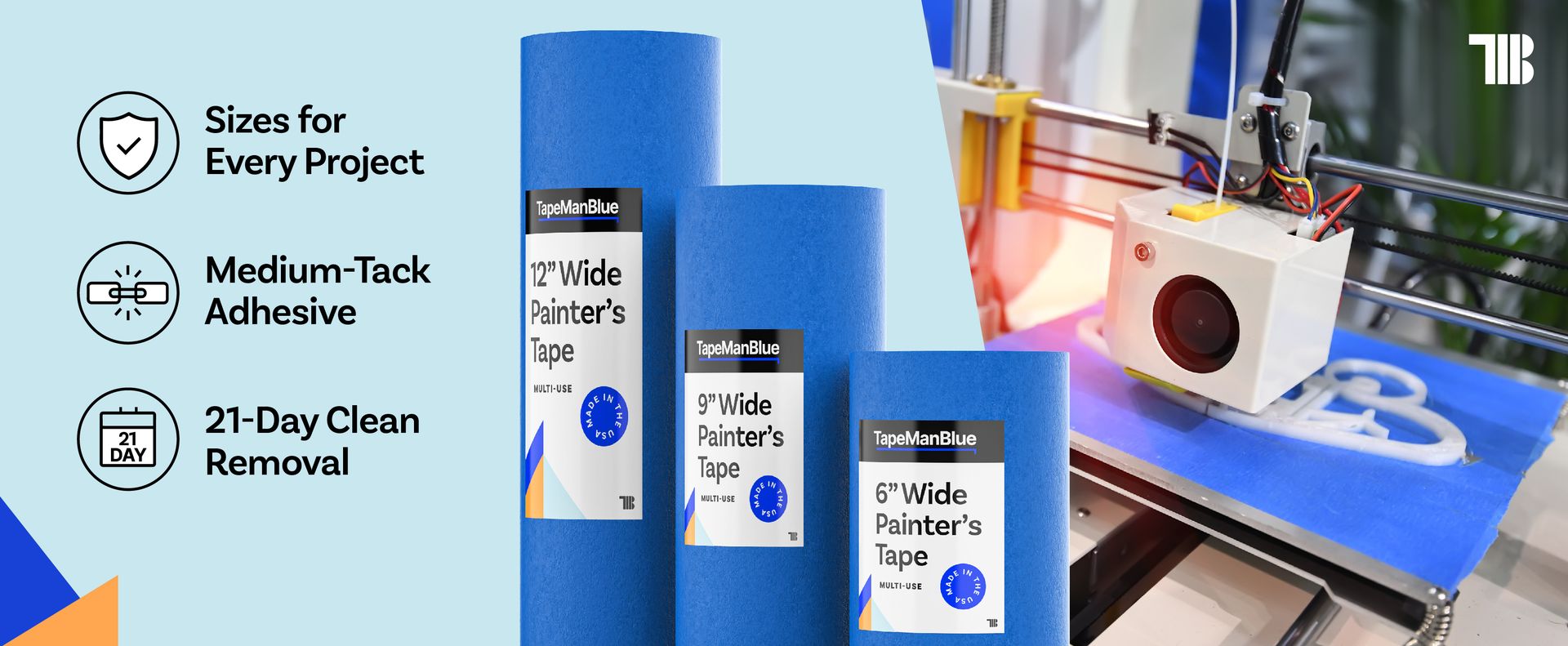 TapeManBlue Wide Blue Painters Tape, 12 inch x 60 yds, Made in America, Great Masking Tape for 3D Printing and Laser Cutting, Removes Cleanly for 21 Days