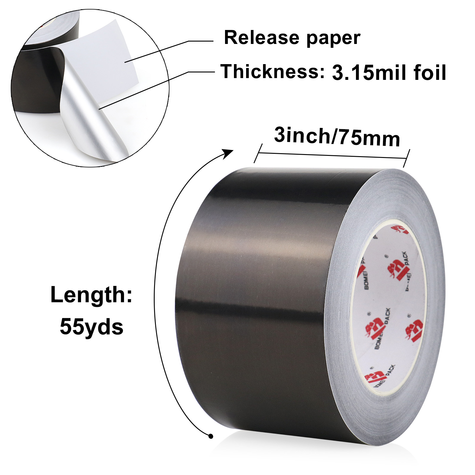BOMEI PACK Black Aluminum Tape,3 Inch x 55 Yards,Black Foil Tape HVAC Sealing & Patching Hot Cold Air Duct Tape Aluminum Foil Tape for Pipe, Metal Repair, HVAC, Air Ducts, Insulation (3 Inch)