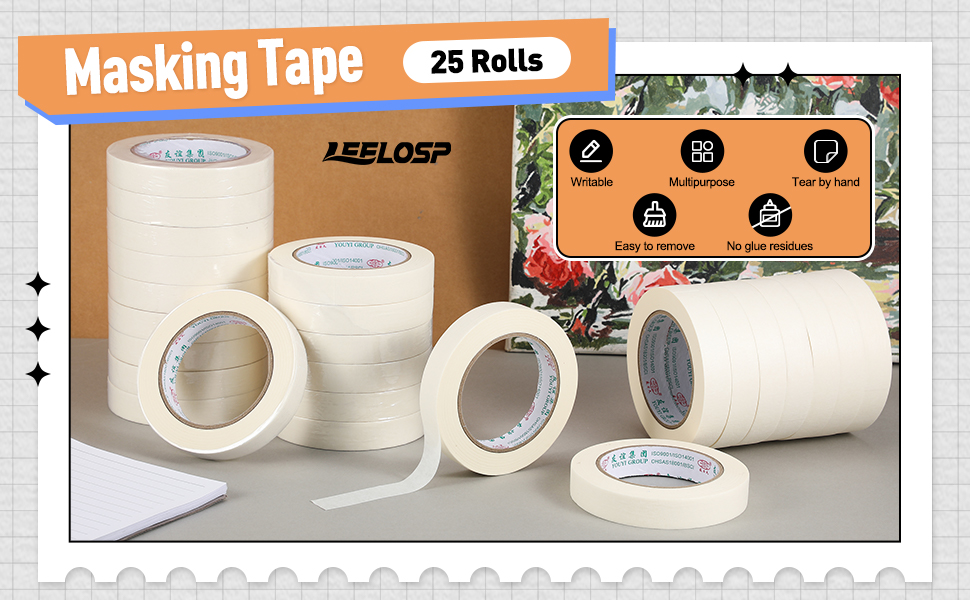 Leelosp 25 Rolls Beige Masking Tape 3/4 Inch X 55 Yards for Craft Paint