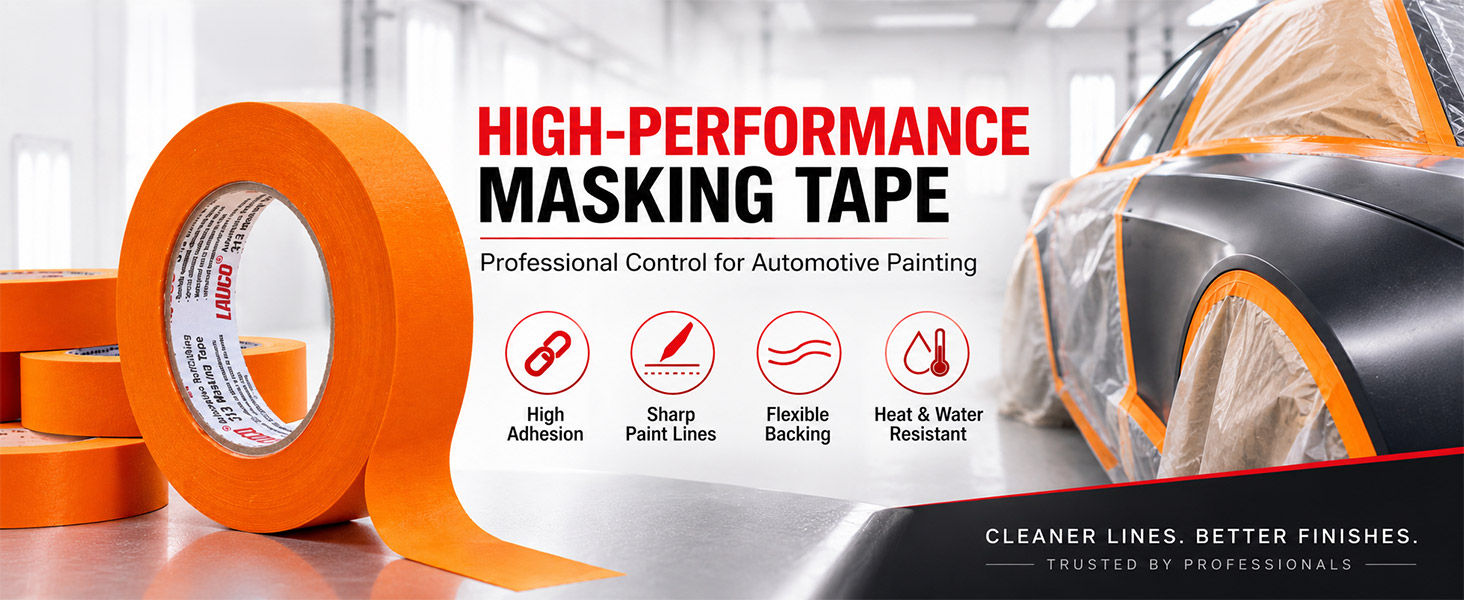LAUCO Orange Masking Tape 1.5 in x 60 Yd, 24 Rolls, Automotive Painting Tape, High Adhesion, Clean Removal for Auto Paint & Detailing 19541