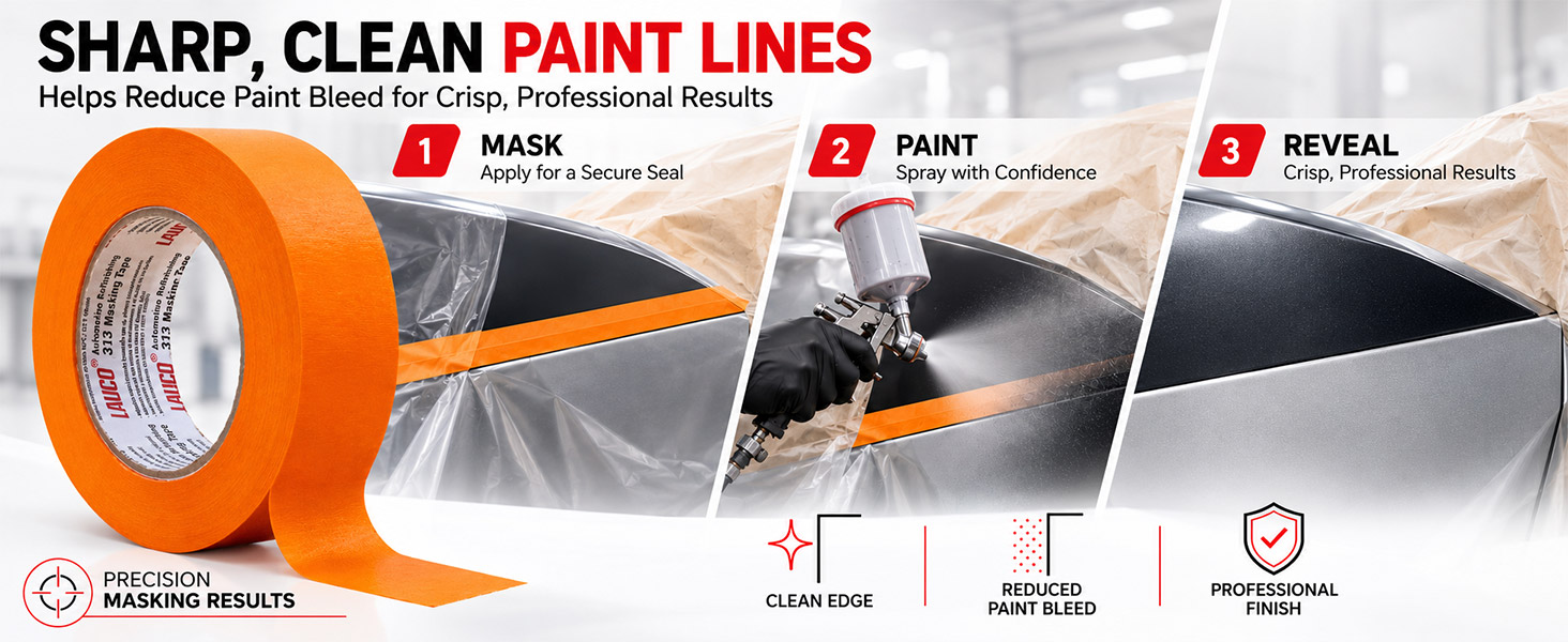 LAUCO Orange Masking Tape 1.5 in x 60 Yd, 24 Rolls, Automotive Painting Tape, High Adhesion, Clean Removal for Auto Paint & Detailing 19541