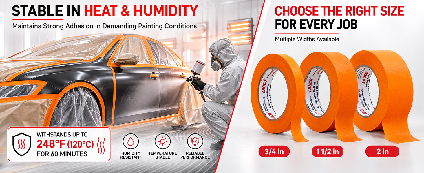 LAUCO Orange Masking Tape 1.5 in x 60 Yd, 24 Rolls, Automotive Painting Tape, High Adhesion, Clean Removal for Auto Paint & Detailing 19541