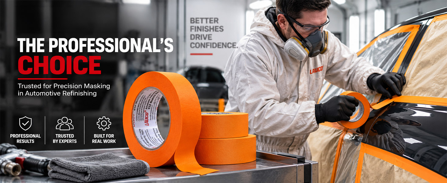 LAUCO Orange Masking Tape 1.5 in x 60 Yd, 24 Rolls, Automotive Painting Tape, High Adhesion, Clean Removal for Auto Paint & Detailing 19541