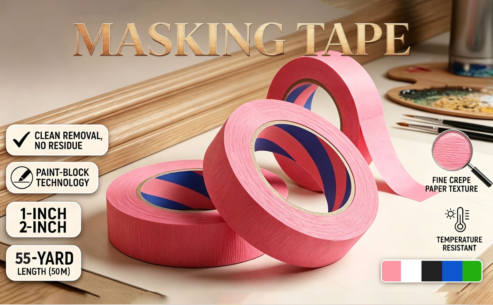 Painters Tape, 1 inch x 55 Yards x 2 Rolls Pink Painters Masking Tape for Indoor and Outdoor Use, Medium Adhesive Paint Tape for DIY Crafts, Arts, Painting, Easy Removal