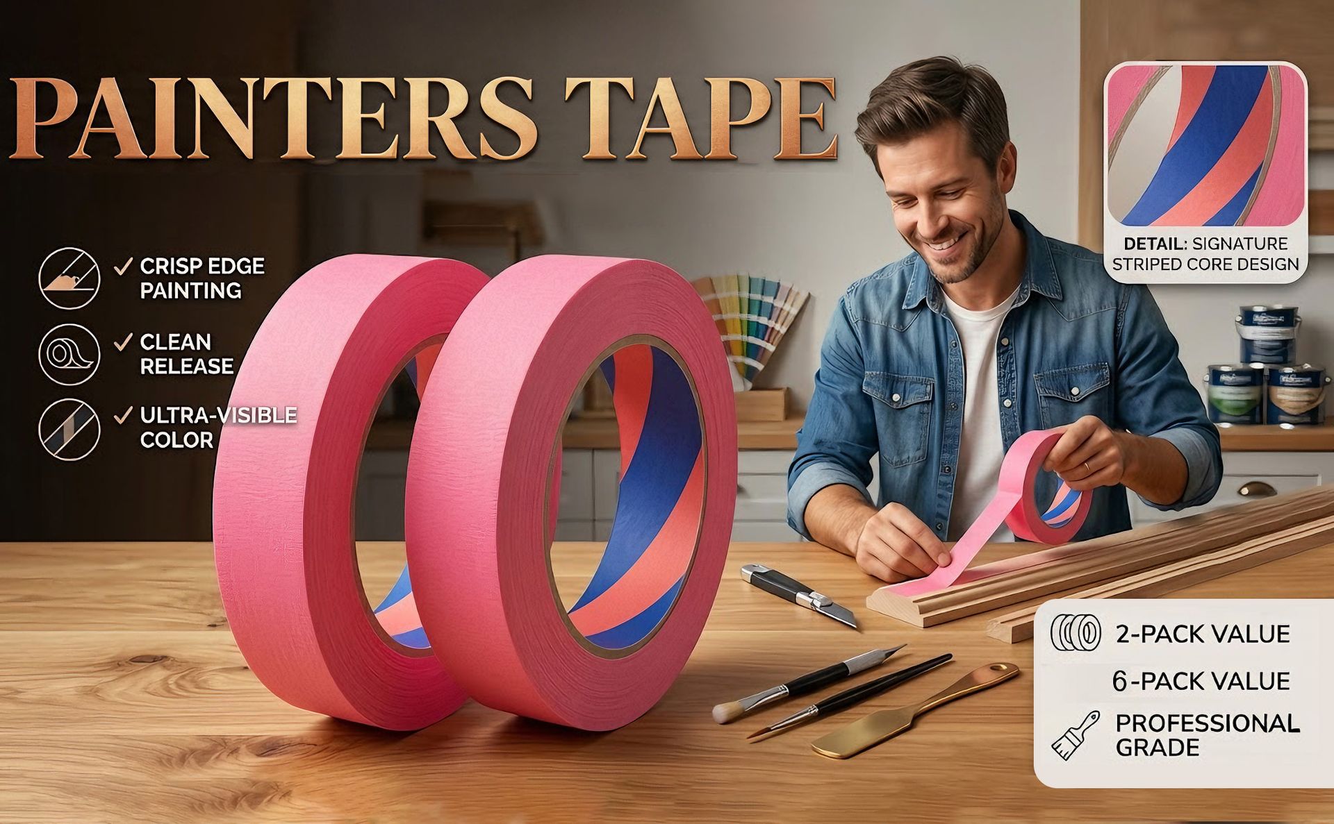 Painters Tape, 1 inch x 55 Yards x 2 Rolls Pink Painters Masking Tape for Indoor and Outdoor Use, Medium Adhesive Paint Tape for DIY Crafts, Arts, Painting, Easy Removal