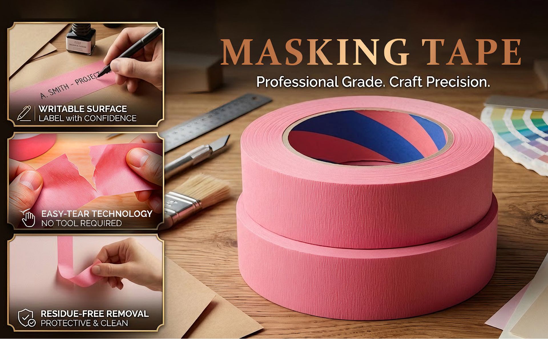 Painters Tape, 1 inch x 55 Yards x 2 Rolls Pink Painters Masking Tape for Indoor and Outdoor Use, Medium Adhesive Paint Tape for DIY Crafts, Arts, Painting, Easy Removal