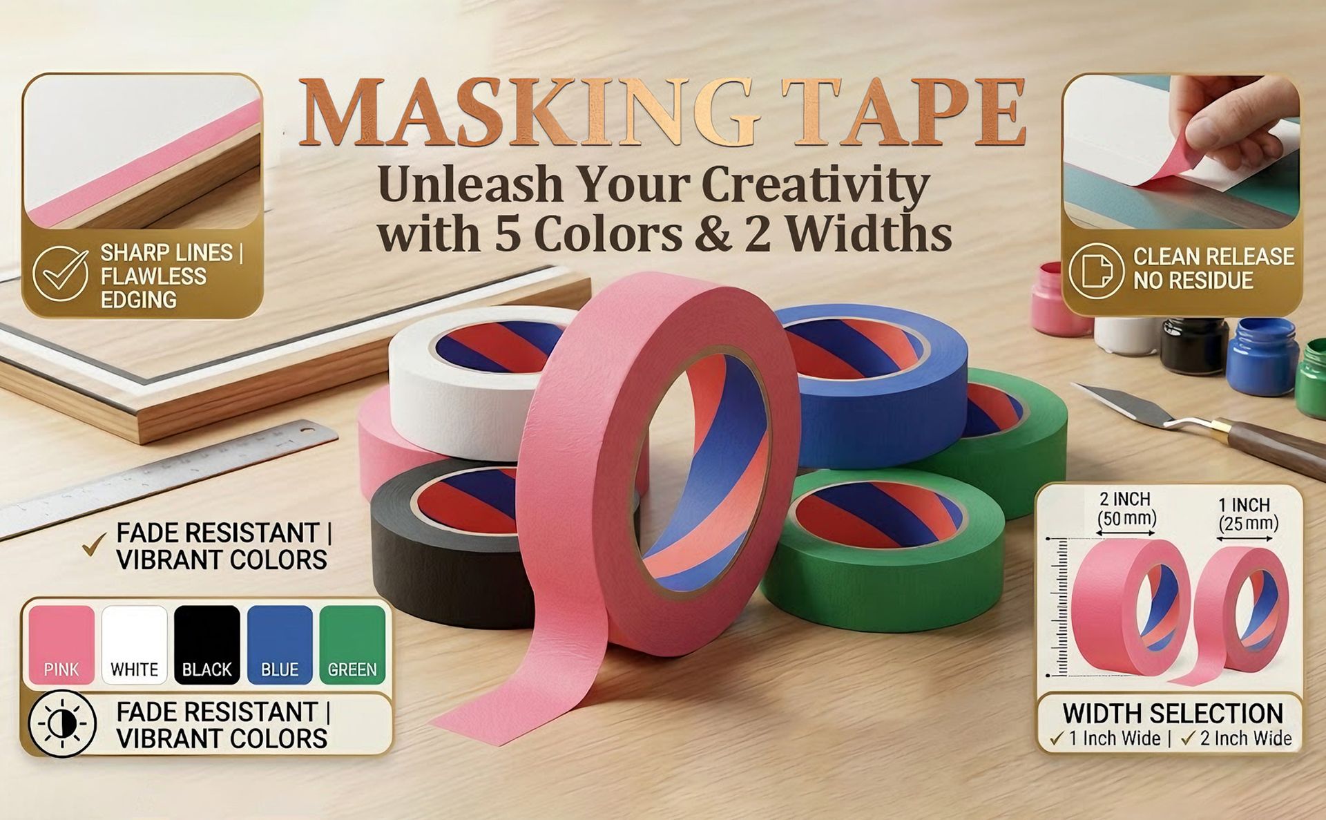 Painters Tape, 1 inch x 55 Yards x 2 Rolls Pink Painters Masking Tape for Indoor and Outdoor Use, Medium Adhesive Paint Tape for DIY Crafts, Arts, Painting, Easy Removal
