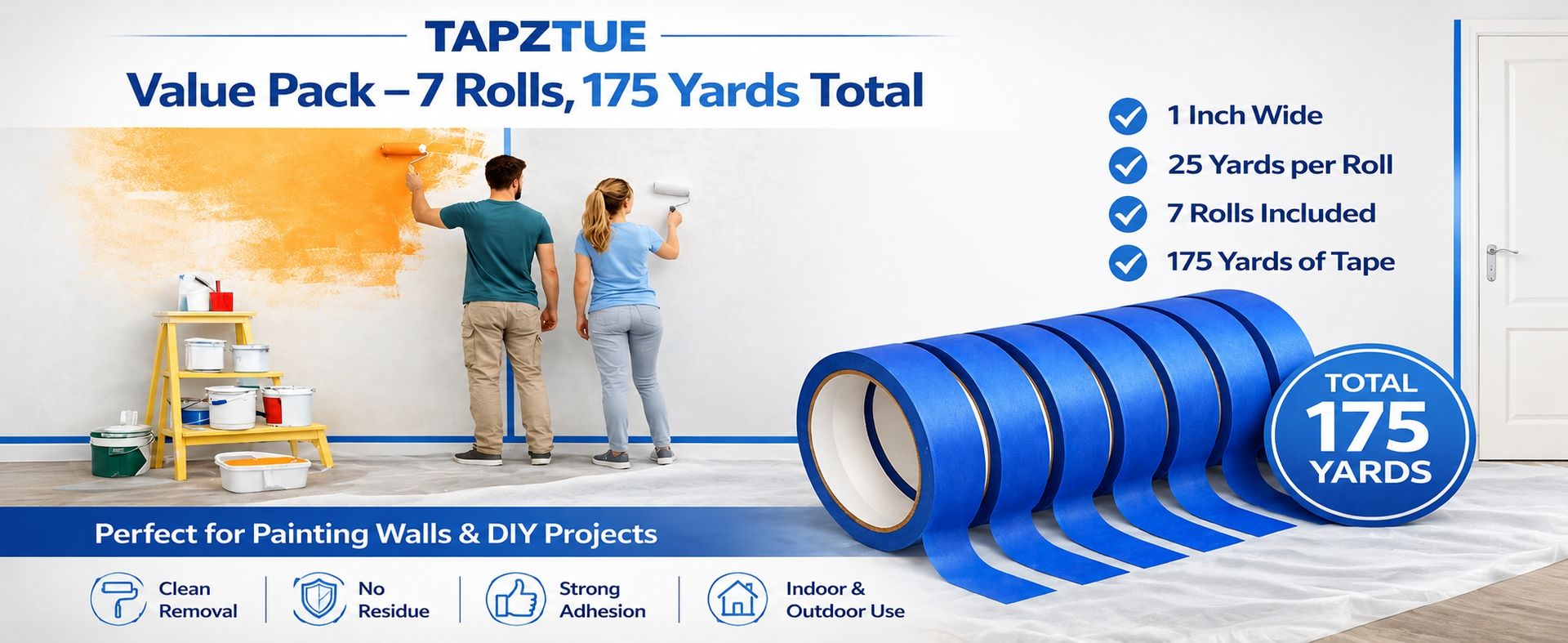 Blue Painters Tape 1 Inch Wide, 7 Rolls Masking Tape 0.98 in x 25 Yds, Clean Removal Blue Masking Tape No Residue, Easy Tear Paint Tape for Wall Painting, Trim, Windows & Home Improvement