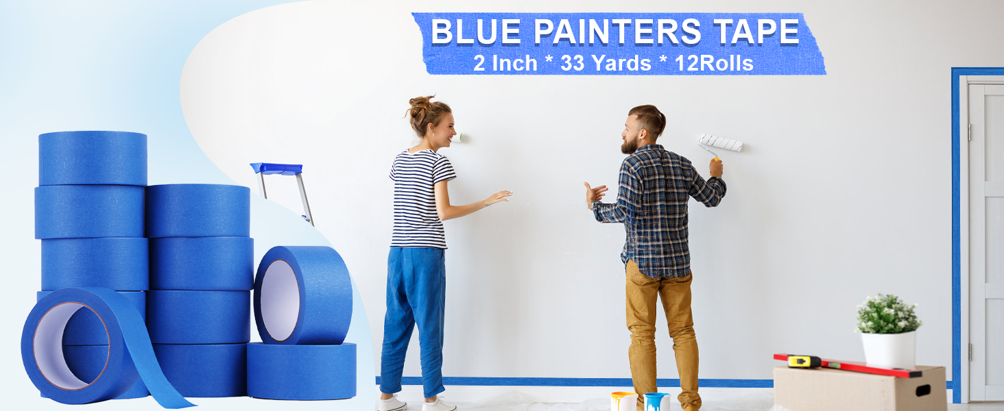12 Rolls Blue Painters Tape 2 Inches Wide, Masking Tape Total 1200 FT