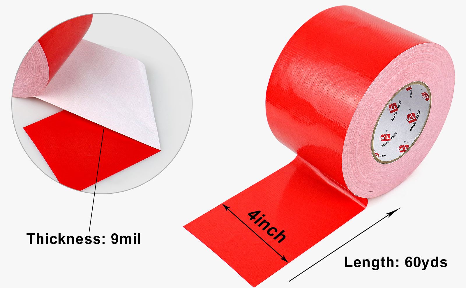 BOMEI PACK 4" Red Duct Tape Wide Roll,4 Inch x 60 Yards,Industrial Grade Duct Tape,Heavy Duty,Waterproof and UV Resistant,Residue Free for Repairing,Home and Craft